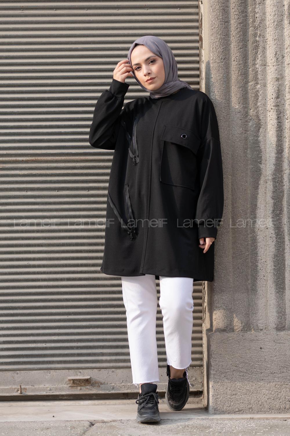 Modalamelif Bisiklet Yaka Fermuar Detaylı Sweatshirt Siyah