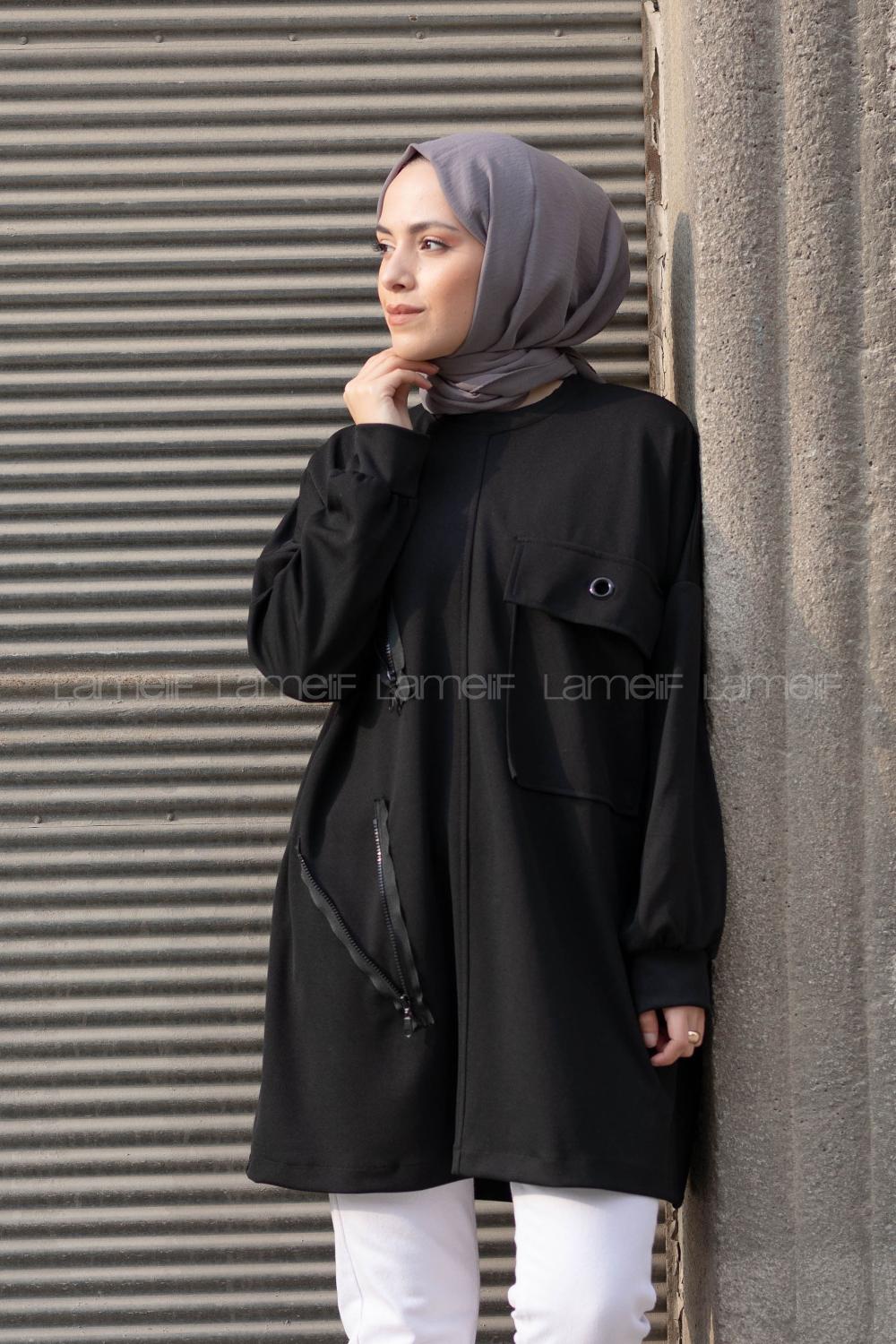 Modalamelif Bisiklet Yaka Fermuar Detaylı Sweatshirt Siyah