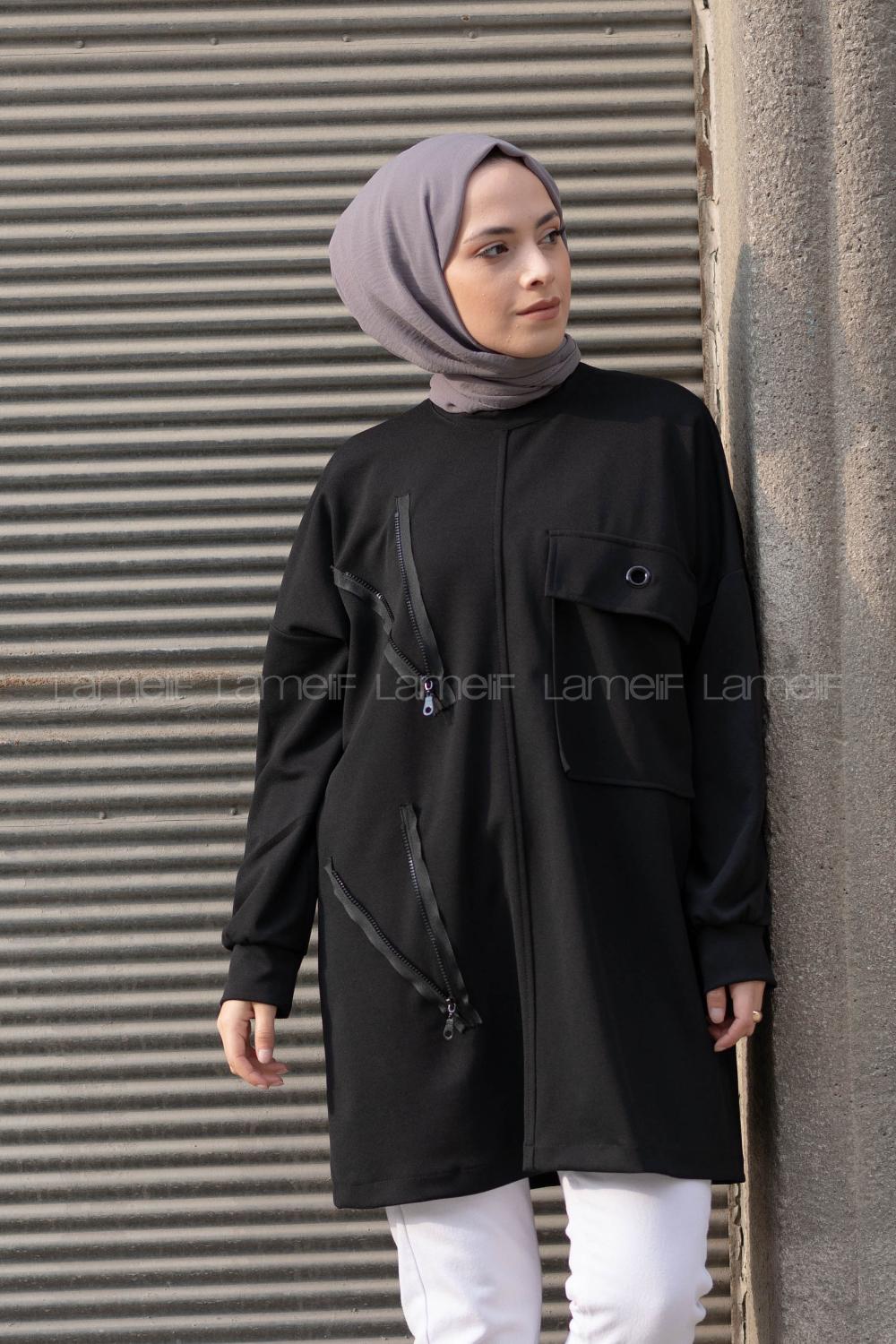 Modalamelif Bisiklet Yaka Fermuar Detaylı Sweatshirt Siyah