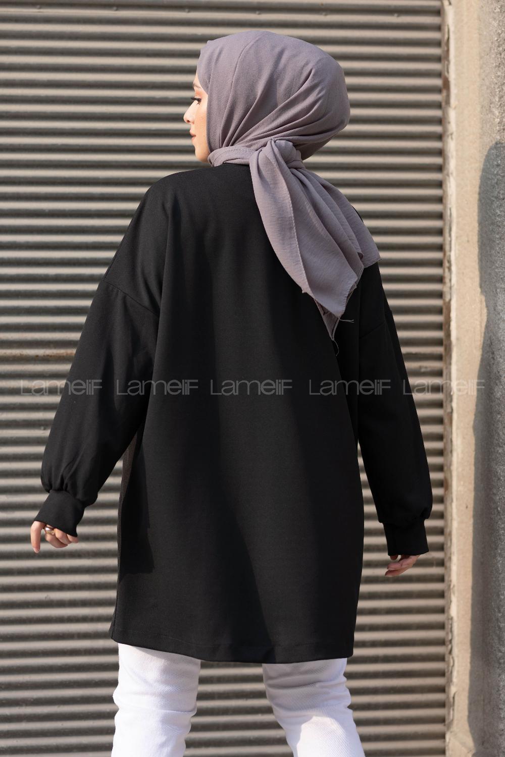 Modalamelif Bisiklet Yaka Fermuar Detaylı Sweatshirt Siyah