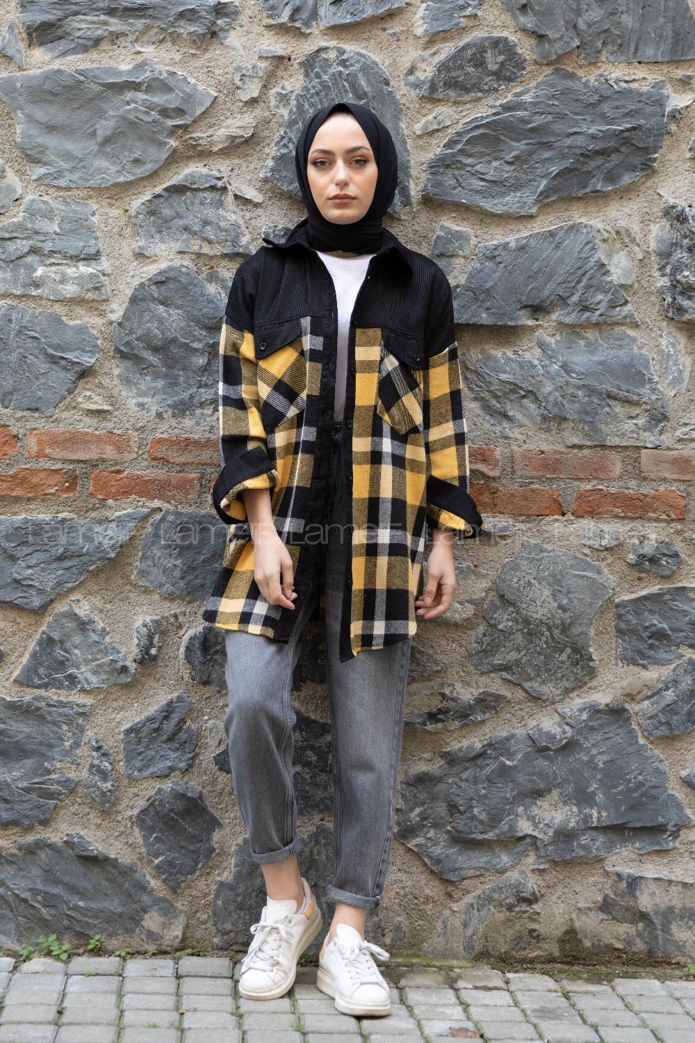 Modalamelif Çif Cepli Ekose Kadife Gömlek Siyah Hardal Sarısı