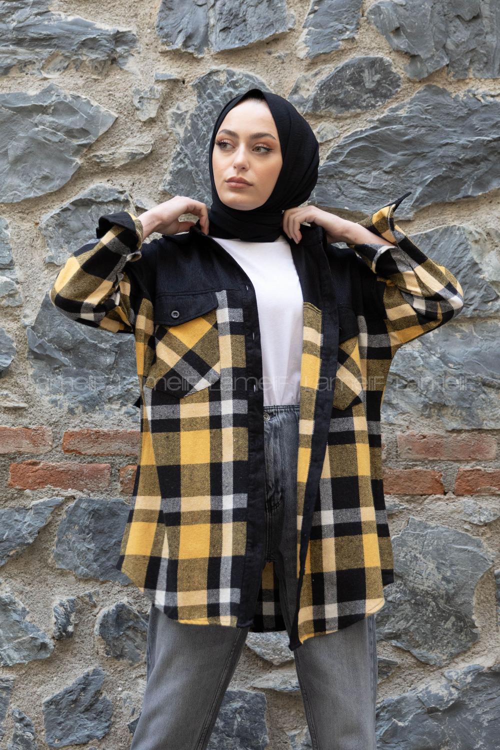 Modalamelif Çif Cepli Ekose Kadife Gömlek Siyah Hardal Sarısı