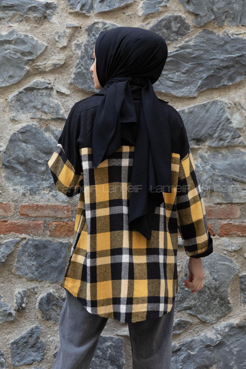 Modalamelif Çif Cepli Ekose Kadife Gömlek Siyah Hardal Sarısı