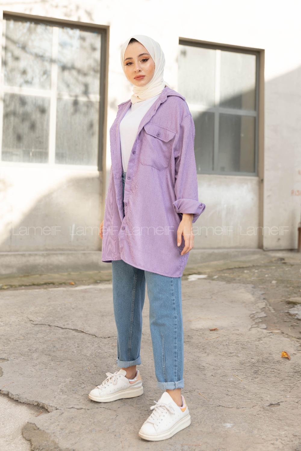 Modalamelif Çift Cepli Kadife Gömlek Lila