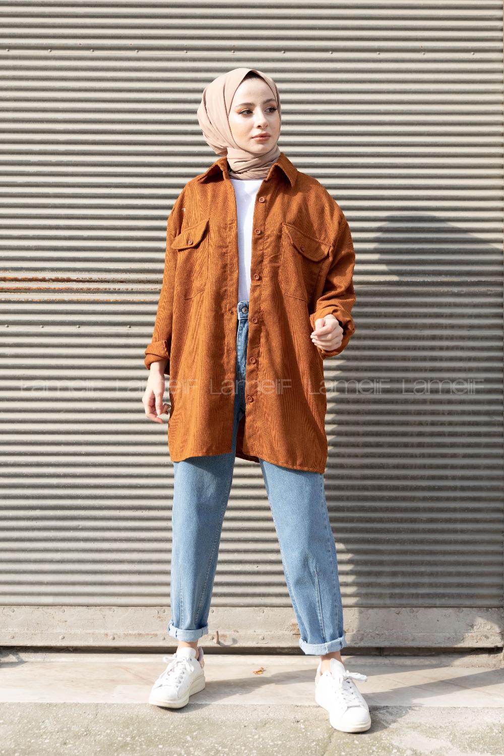 Modalamelif Çift Cepli Kadife Gömlek Taba