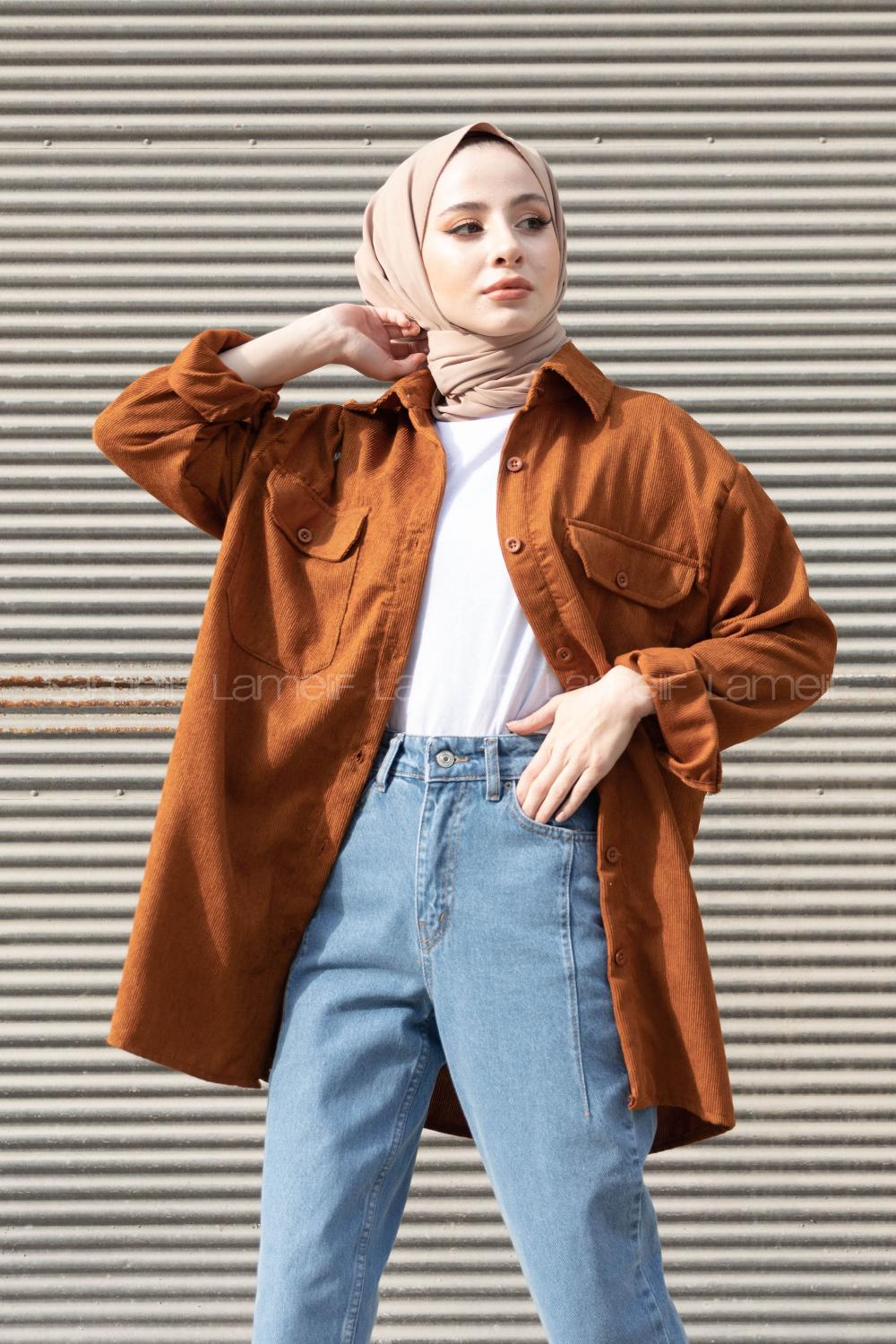 Modalamelif Çift Cepli Kadife Gömlek Taba