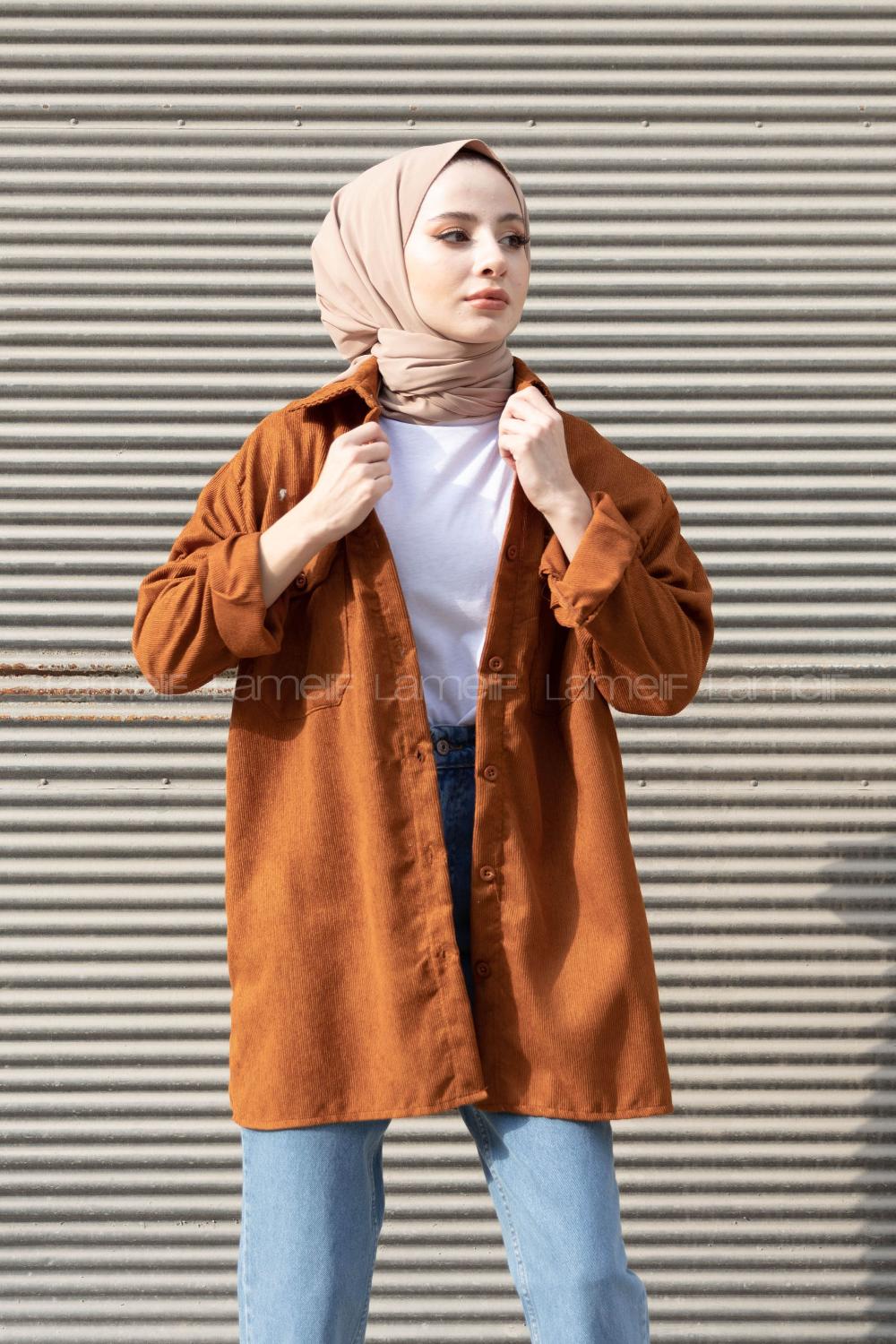 Modalamelif Çift Cepli Kadife Gömlek Taba