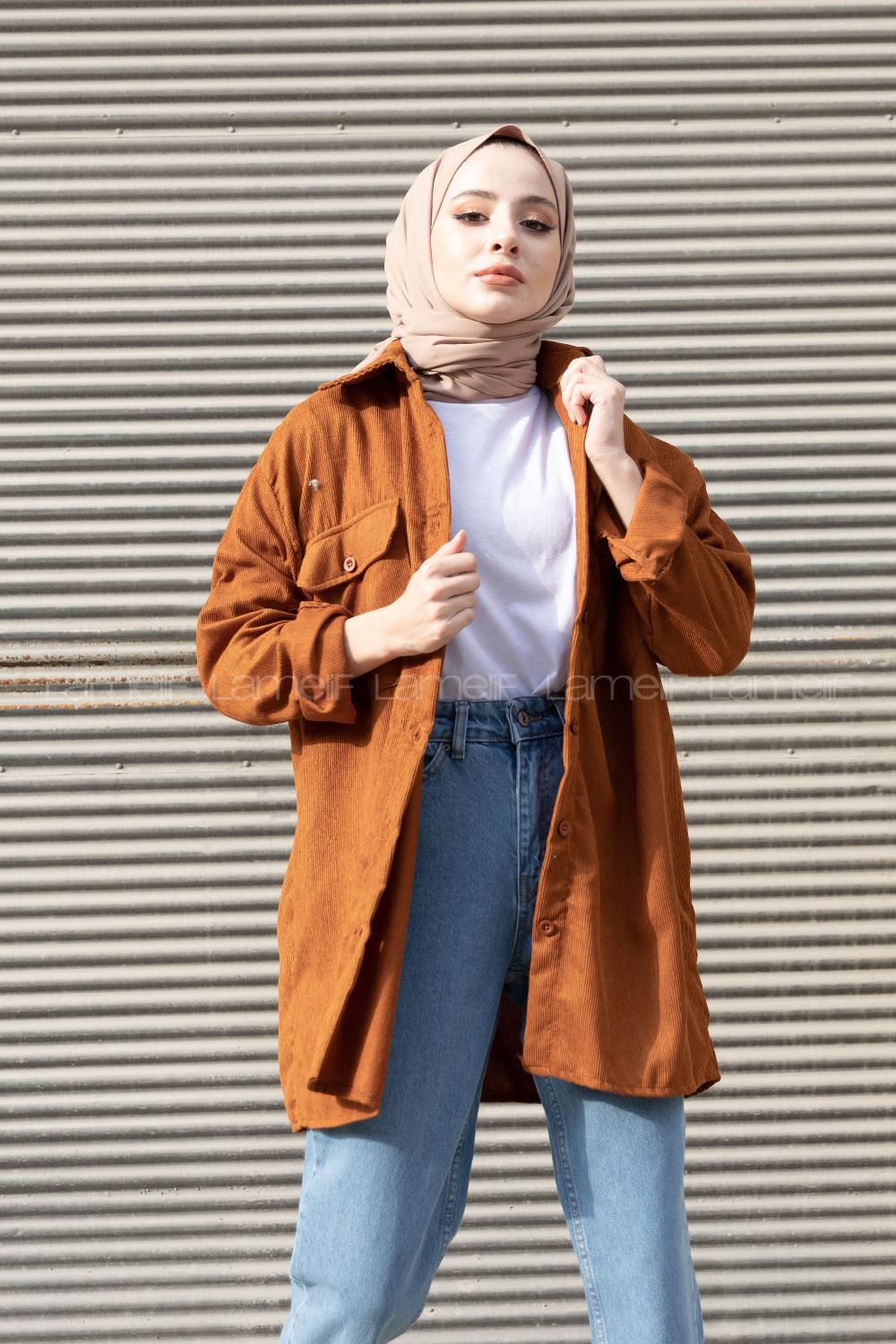 Modalamelif Çift Cepli Kadife Gömlek Taba