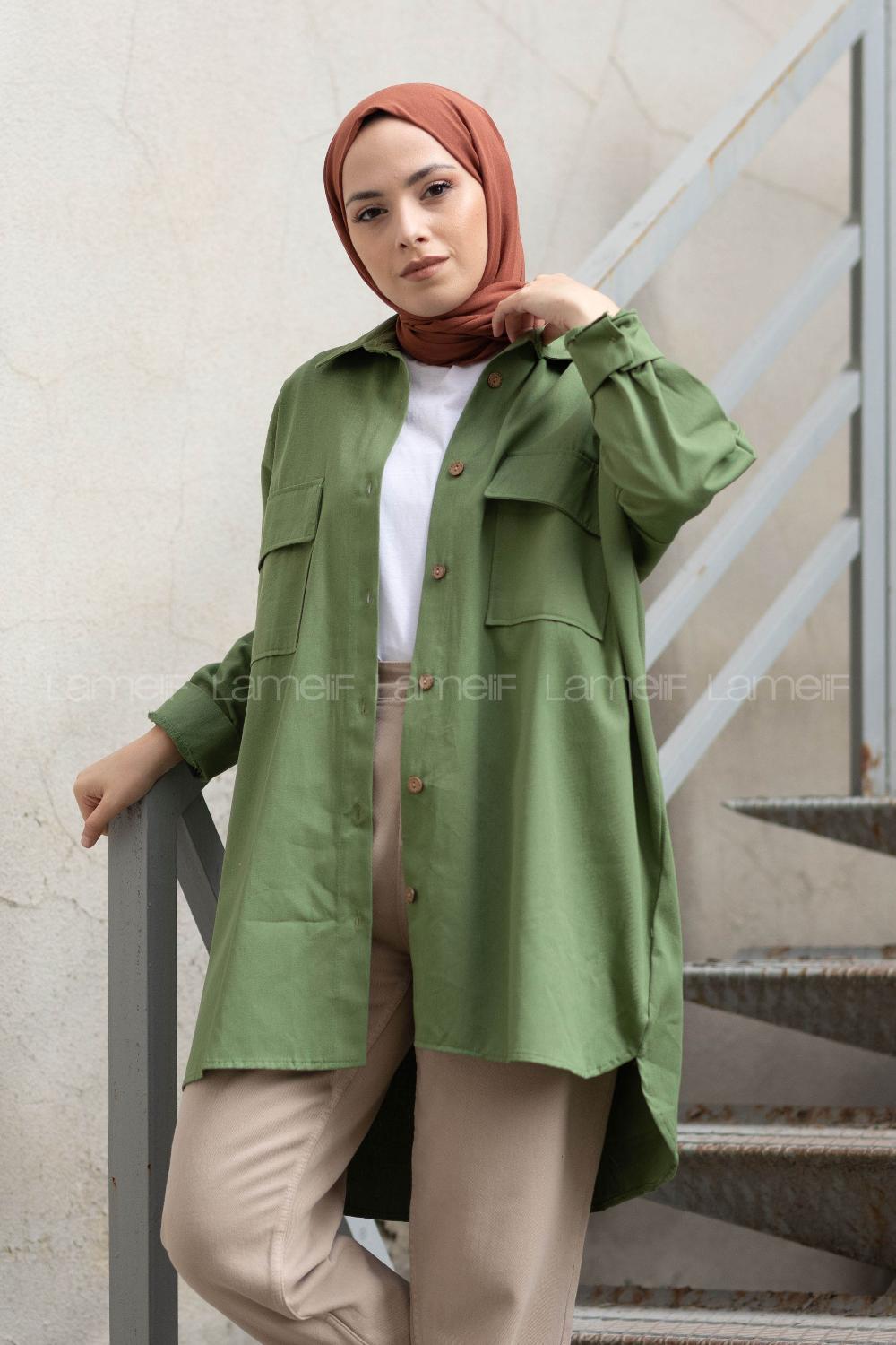 Modalamelif Çift Cepli Gabardin Gömlek Asker Yeşili