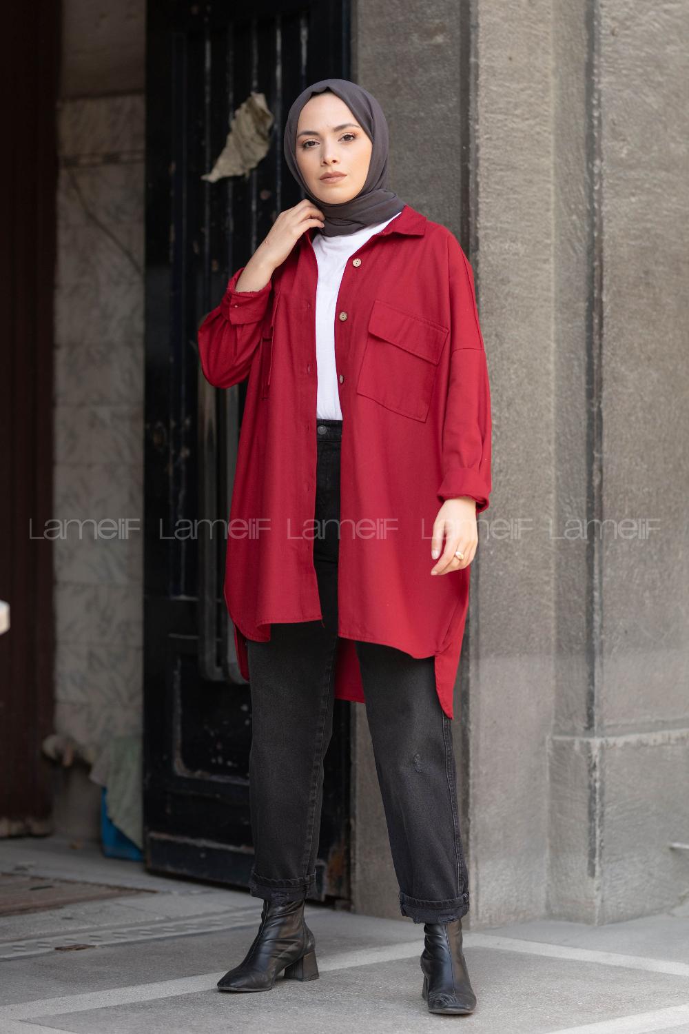 Modalamelif Çift Cepli Gabardin Gömlek Bordo