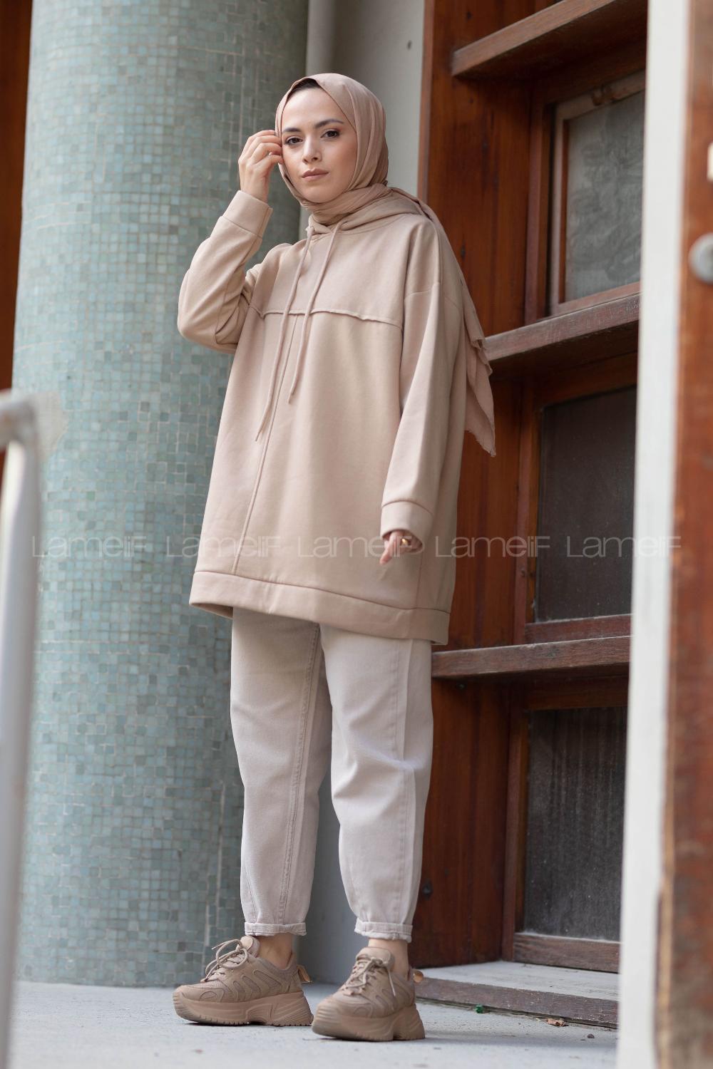 Modalamelif Dikiş Detaylı Kapşonlu Sweatshirt Bej