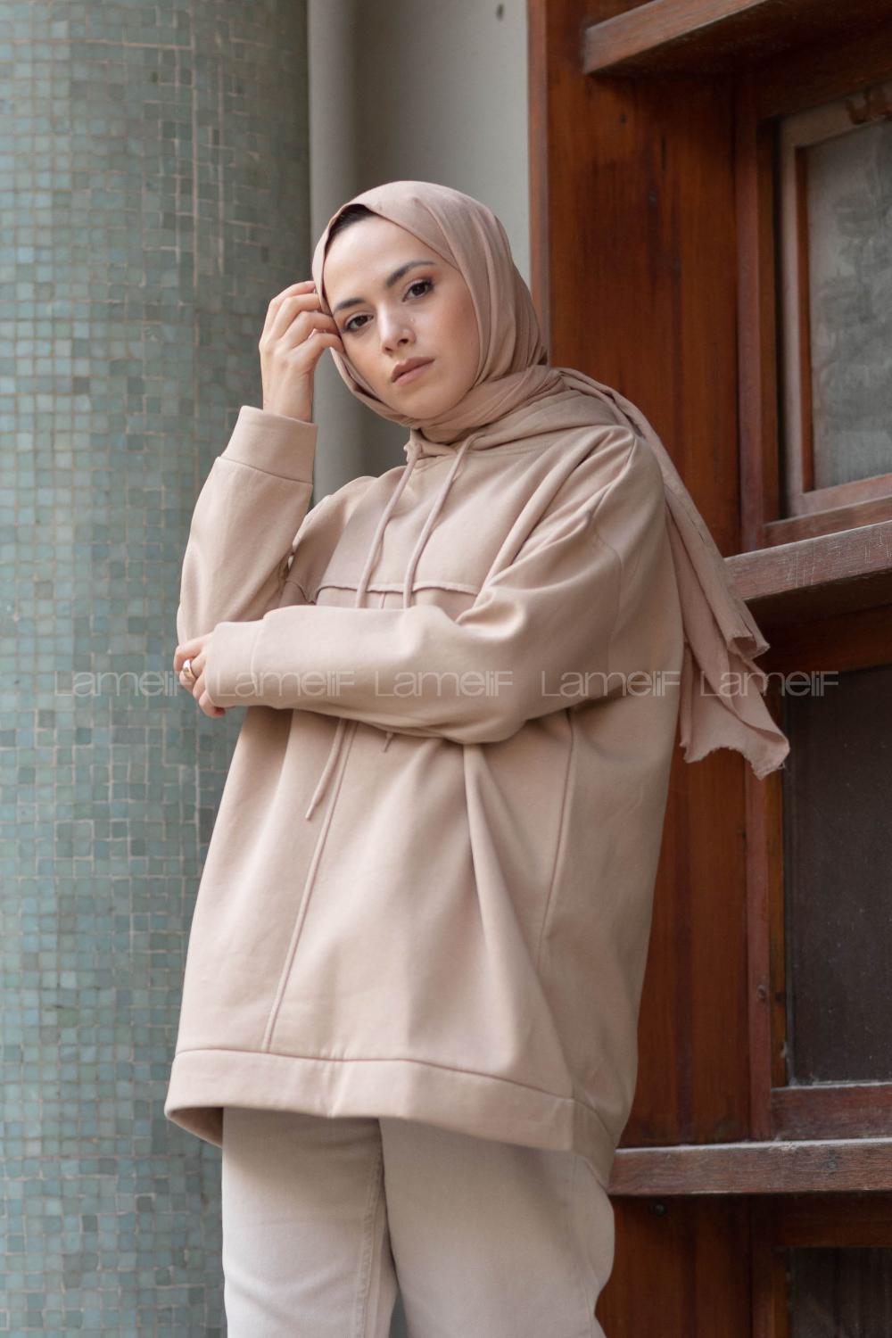 Modalamelif Dikiş Detaylı Kapşonlu Sweatshirt Bej