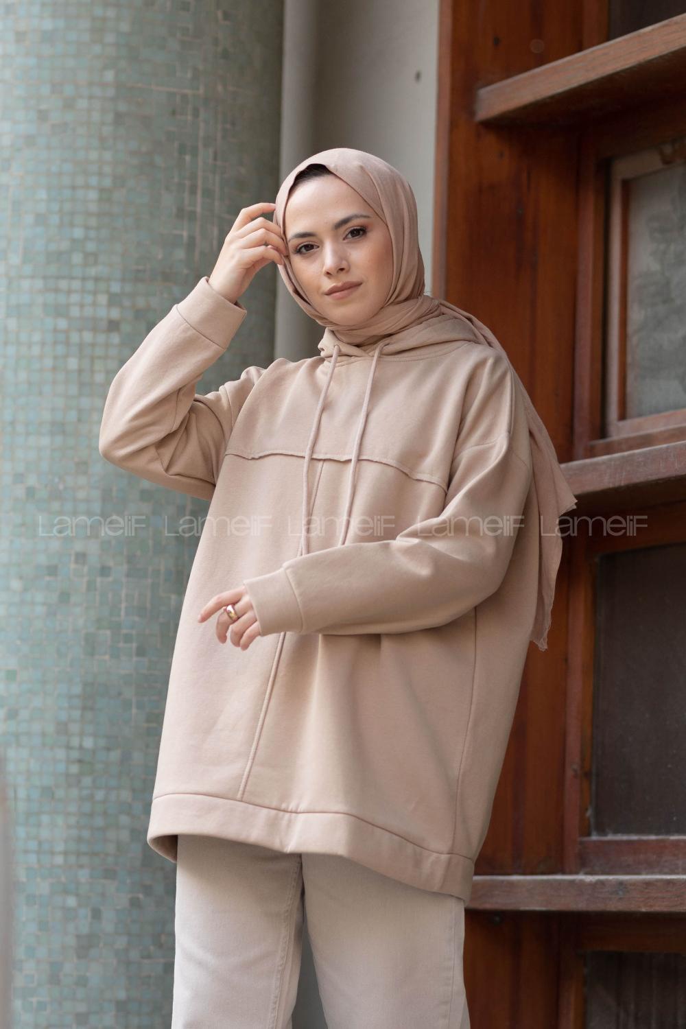 Modalamelif Dikiş Detaylı Kapşonlu Sweatshirt Bej