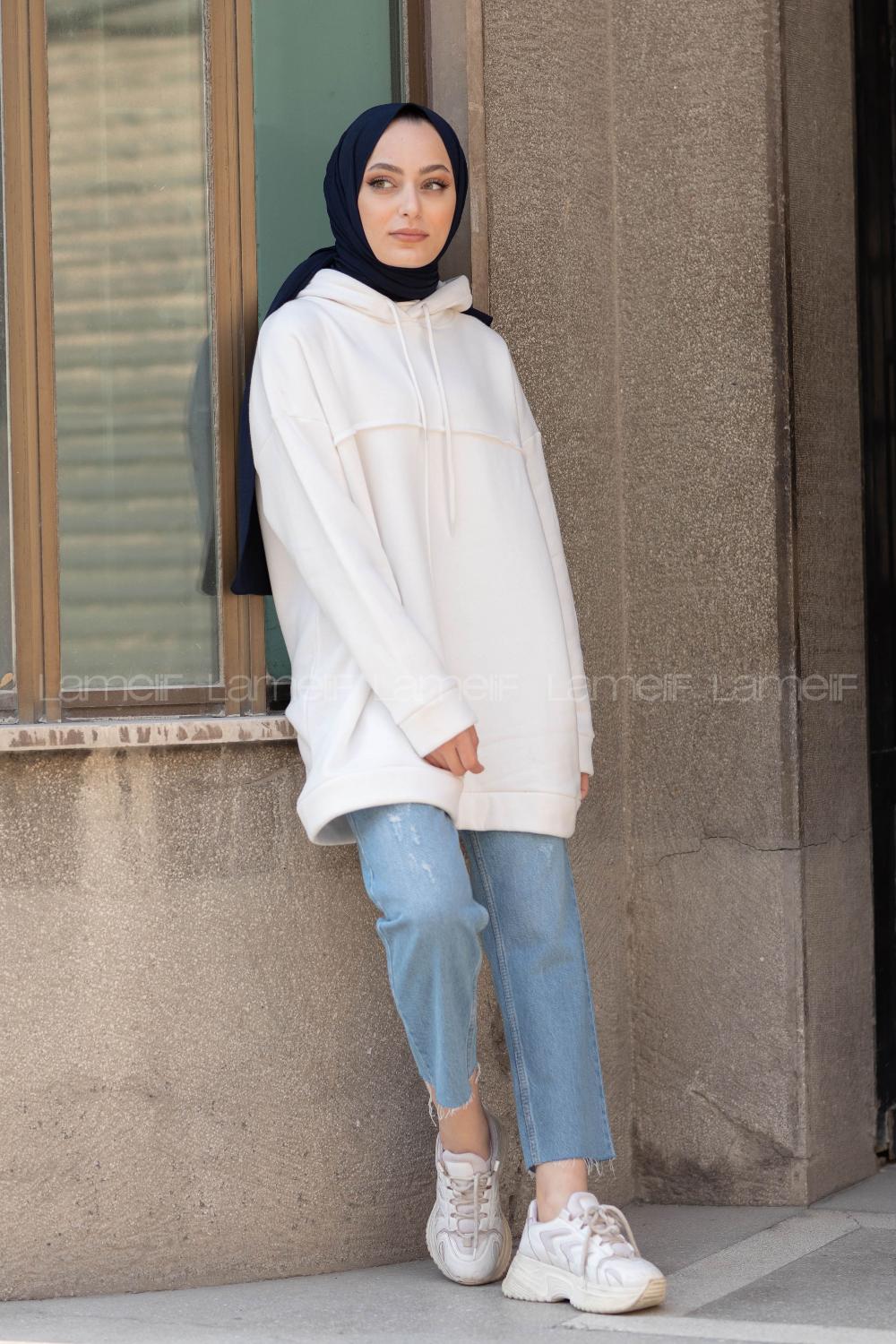 Modalamelif Dikiş Detaylı Kapşonlu Sweatshirt Beyaz