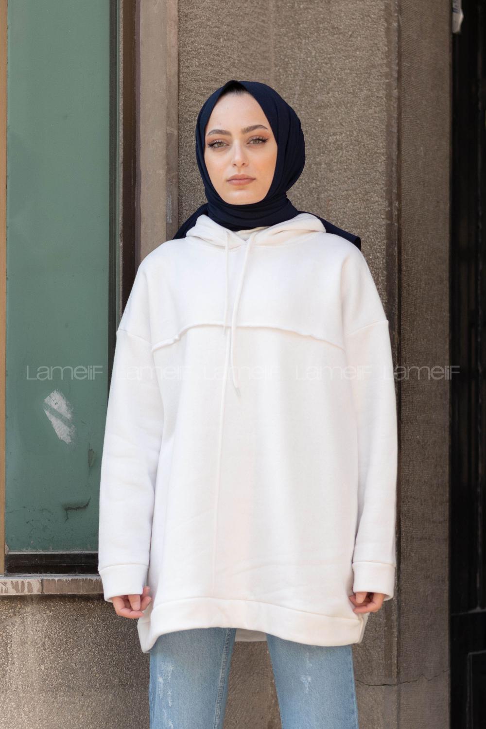 Modalamelif Dikiş Detaylı Kapşonlu Sweatshirt Beyaz