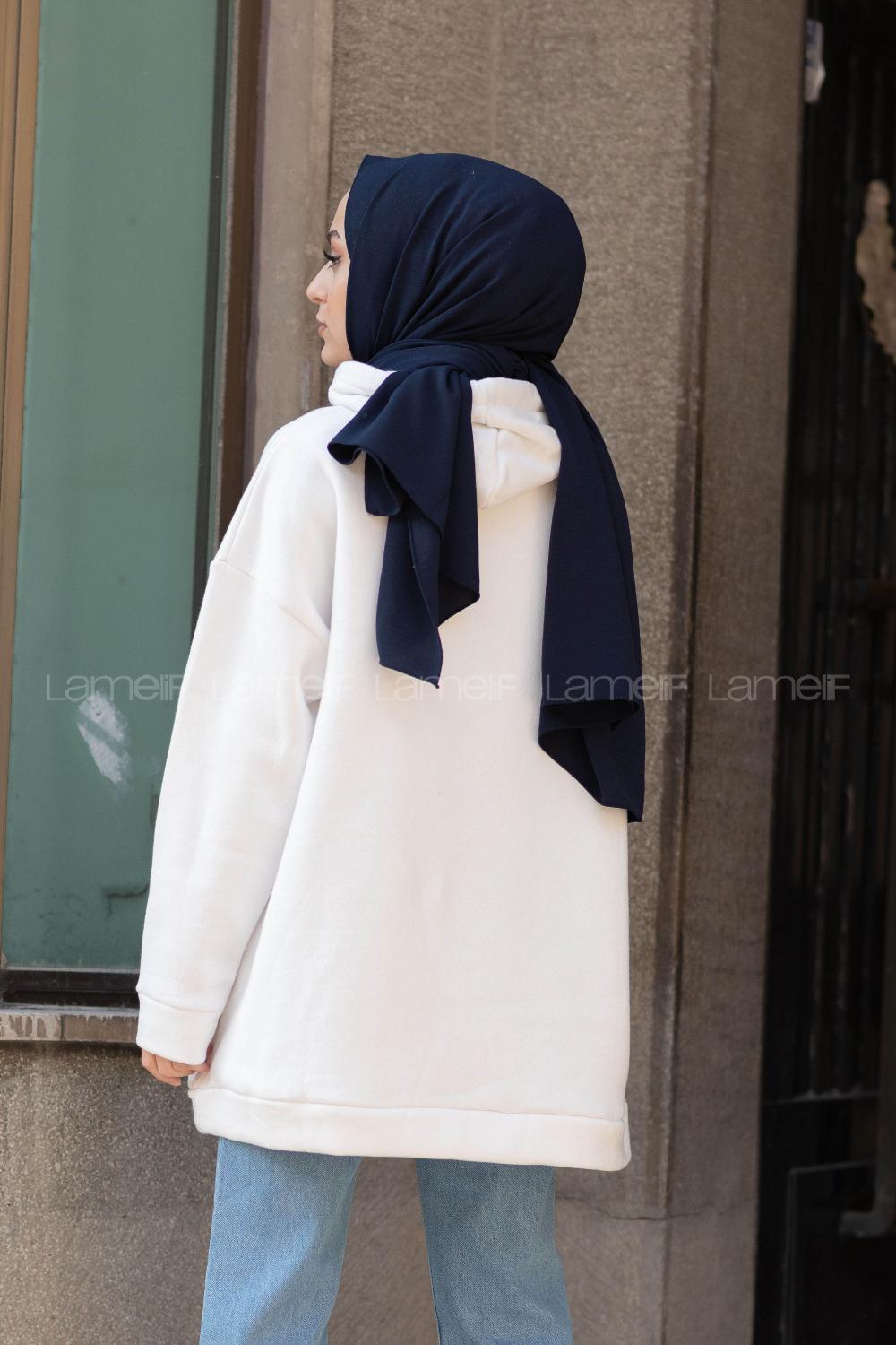 Modalamelif Dikiş Detaylı Kapşonlu Sweatshirt Beyaz