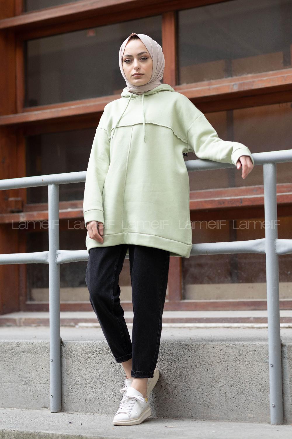 Modalamelif Dikiş Detaylı Kapşonlu Sweatshirt Çağla Yeşili