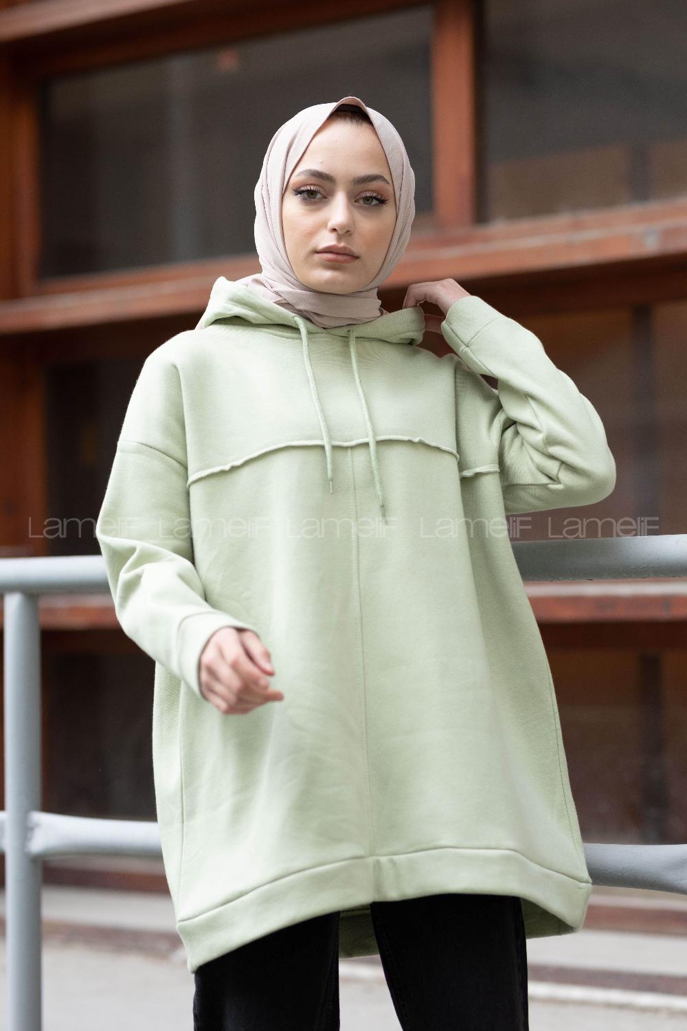 Modalamelif Dikiş Detaylı Kapşonlu Sweatshirt Çağla Yeşili