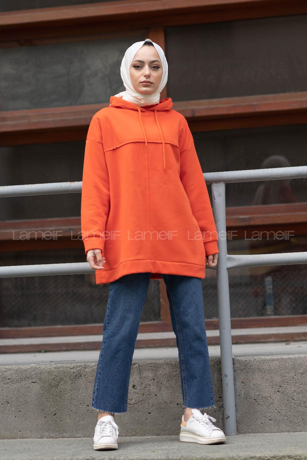 Modalamelif Dikiş Detaylı Kapşonlu Sweatshirt Oranj