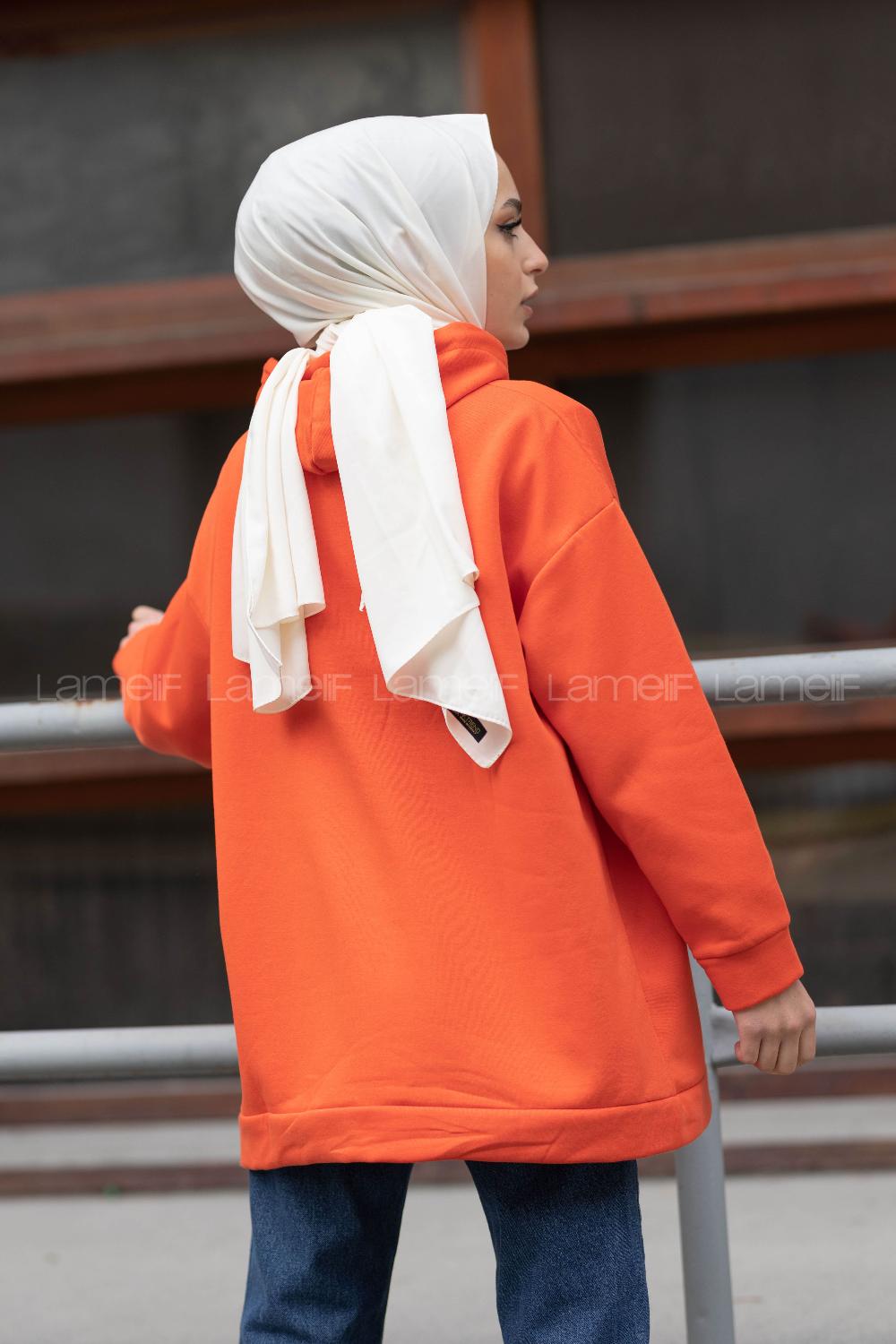 Modalamelif Dikiş Detaylı Kapşonlu Sweatshirt Oranj