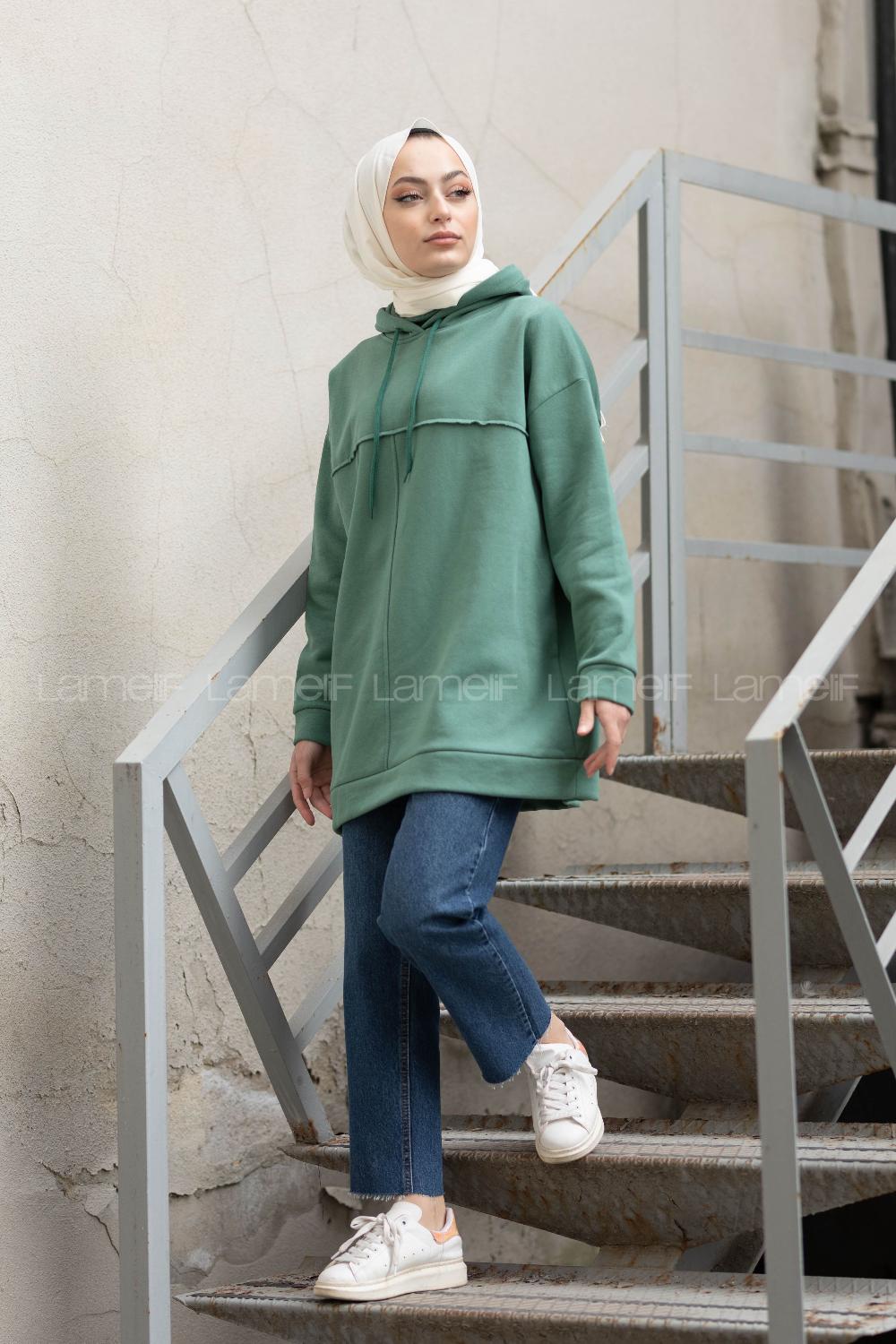 Modalamelif Dikiş Detaylı Kapşonlu Sweatshirt Pastel Yeşili