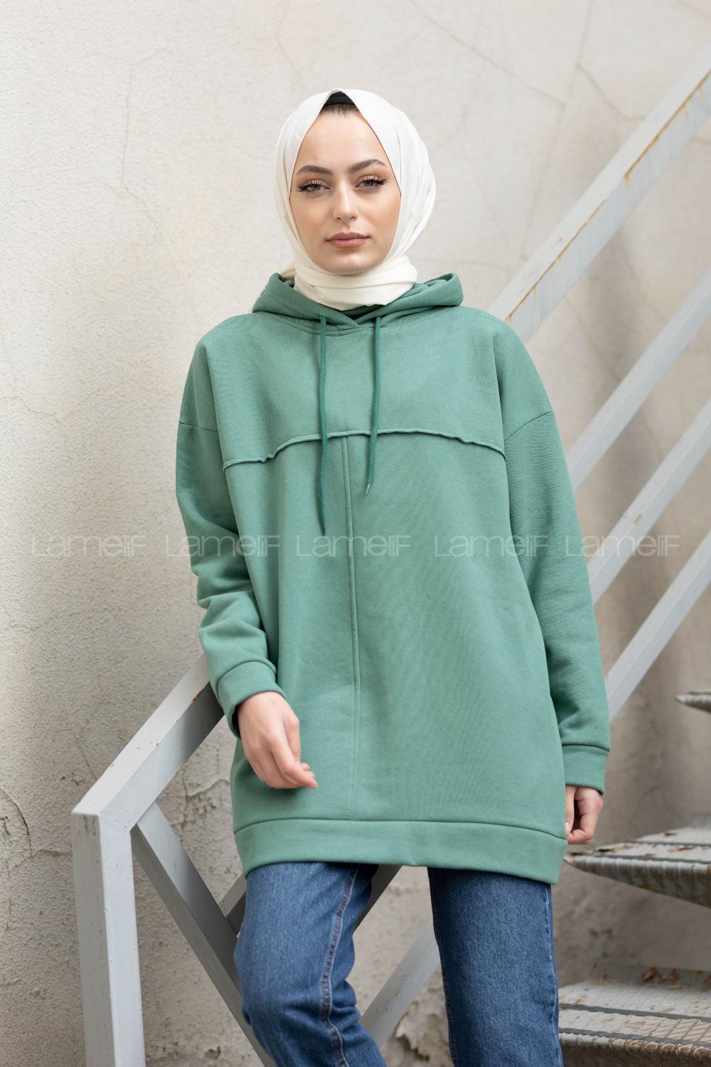Modalamelif Dikiş Detaylı Kapşonlu Sweatshirt Pastel Yeşili