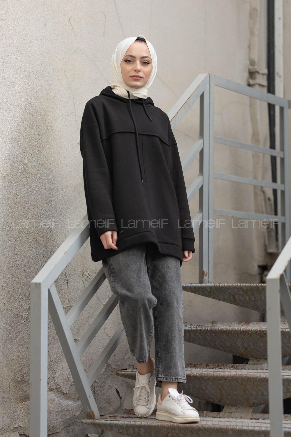 Modalamelif Dikiş Detaylı Kapşonlu Sweatshirt Siyah