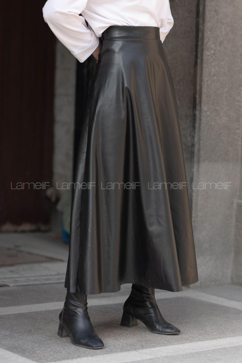 Modalamelif Düz Deri Görünümlü Etek Siyah