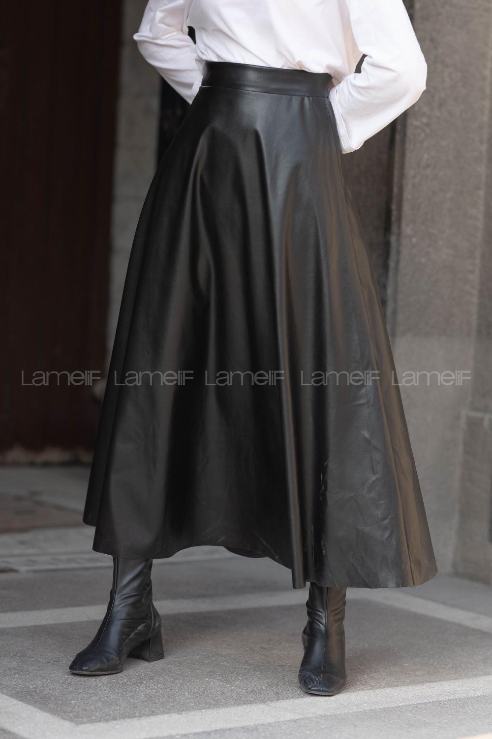 Modalamelif Düz Deri Görünümlü Etek Siyah