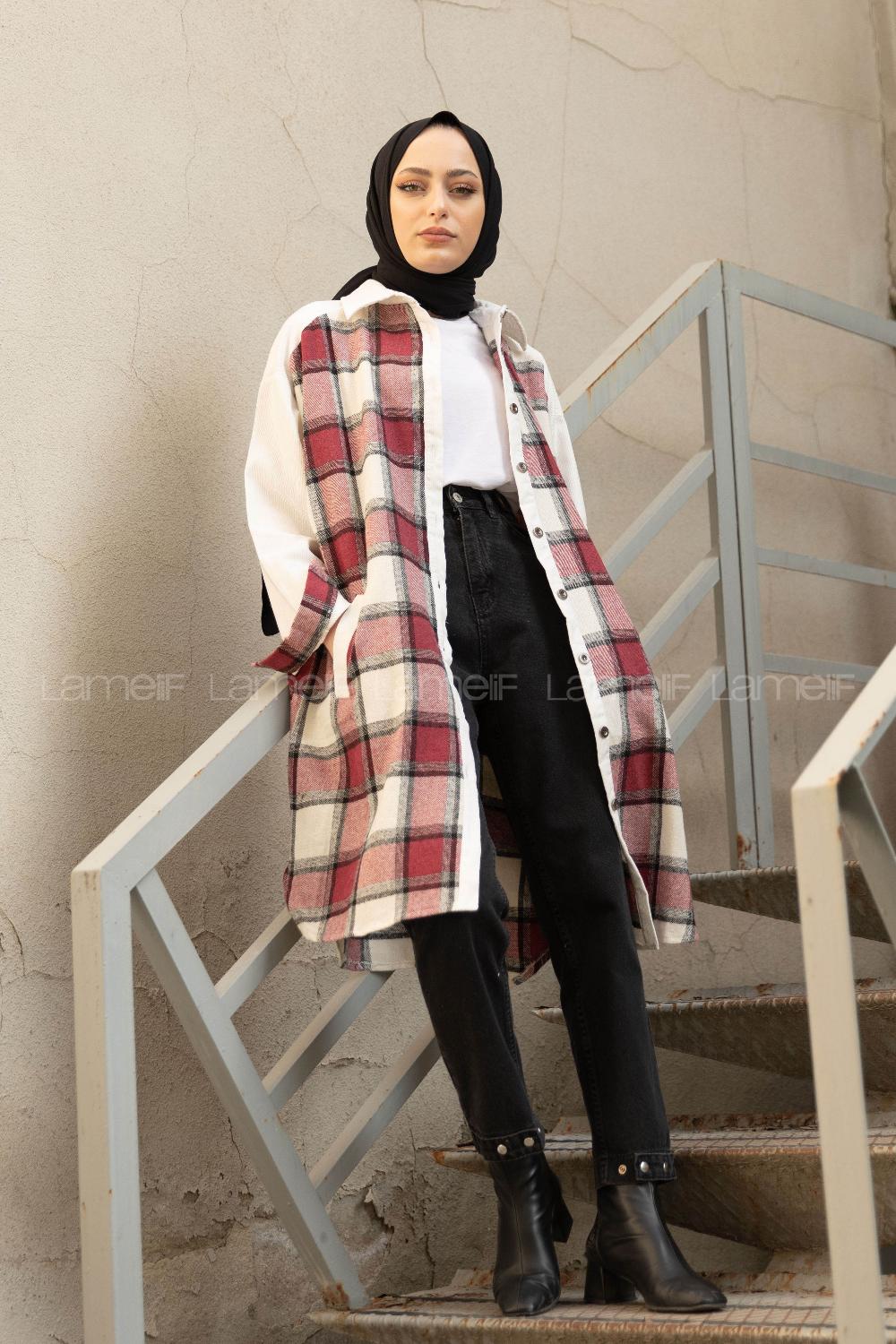 Modalamelif Ekose Garnili Kadife Gömlek Bordo