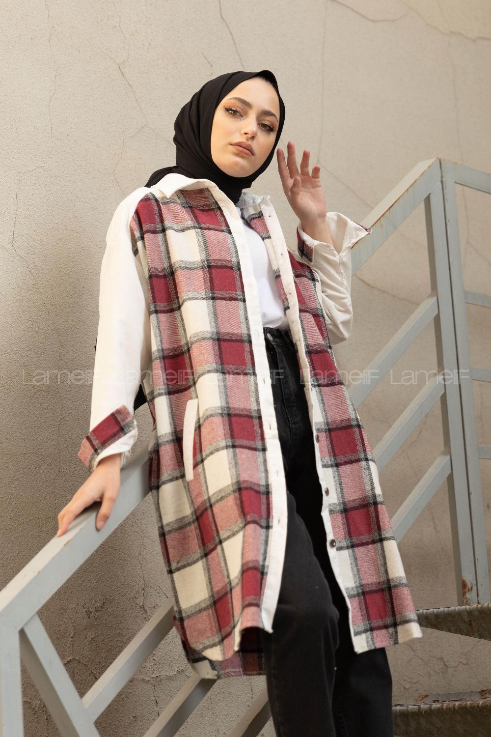 Modalamelif Ekose Garnili Kadife Gömlek Bordo