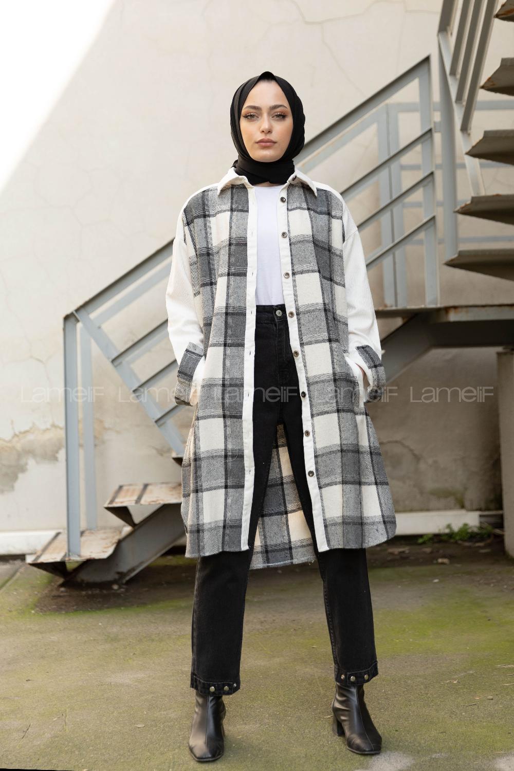 Modalamelif Ekose Garnili Kadife Gömlek Gri