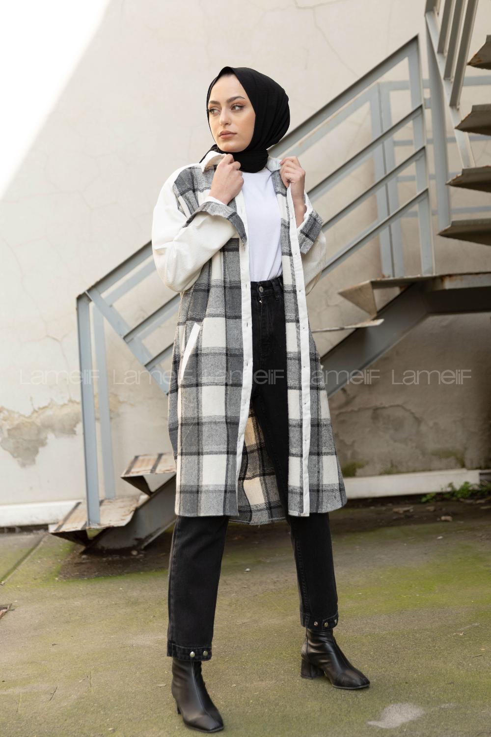 Modalamelif Ekose Garnili Kadife Gömlek Gri