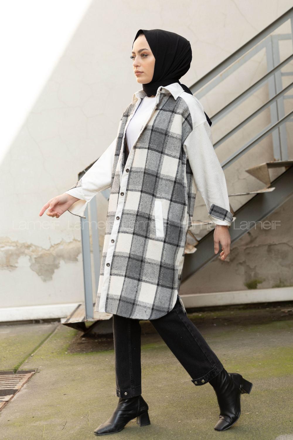 Modalamelif Ekose Garnili Kadife Gömlek Gri