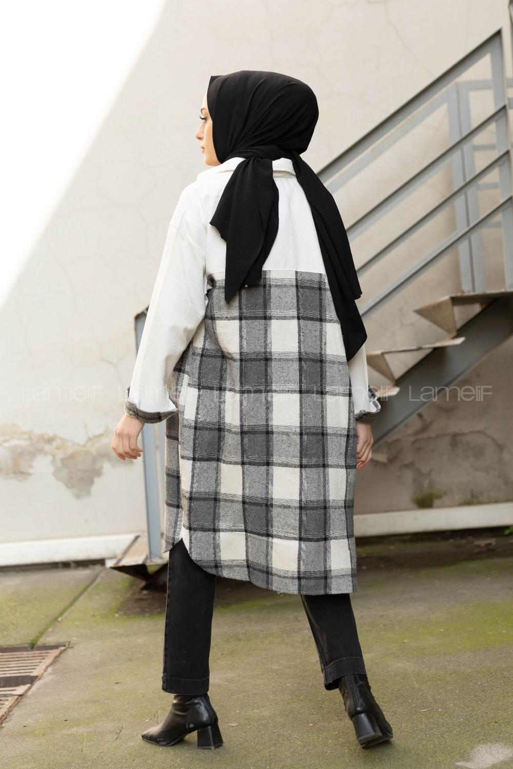 Modalamelif Ekose Garnili Kadife Gömlek Gri