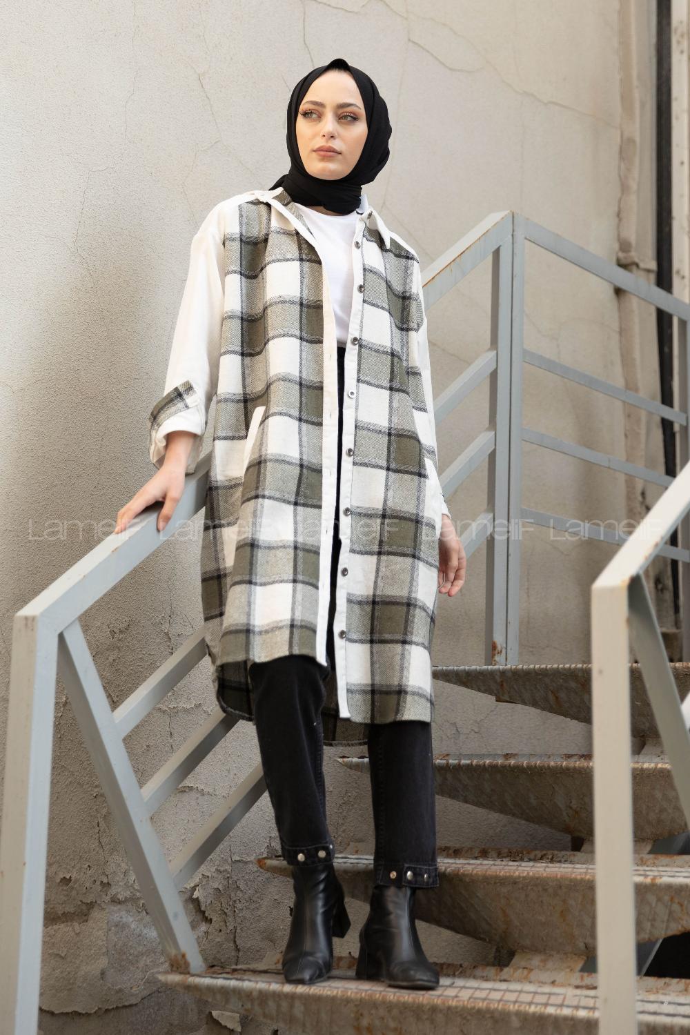 Modalamelif Ekose Garnili Kadife Gömlek Haki