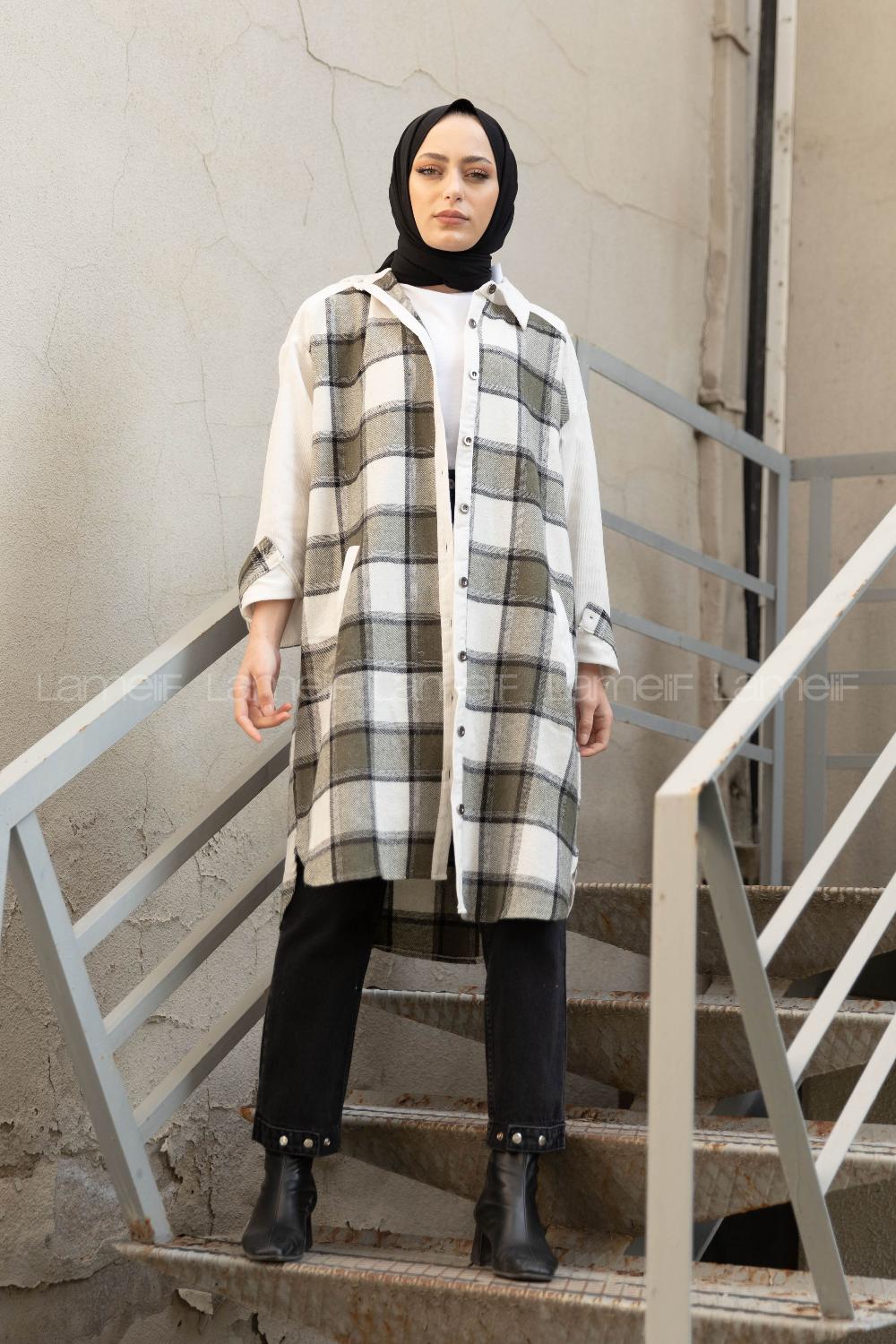 Modalamelif Ekose Garnili Kadife Gömlek Haki