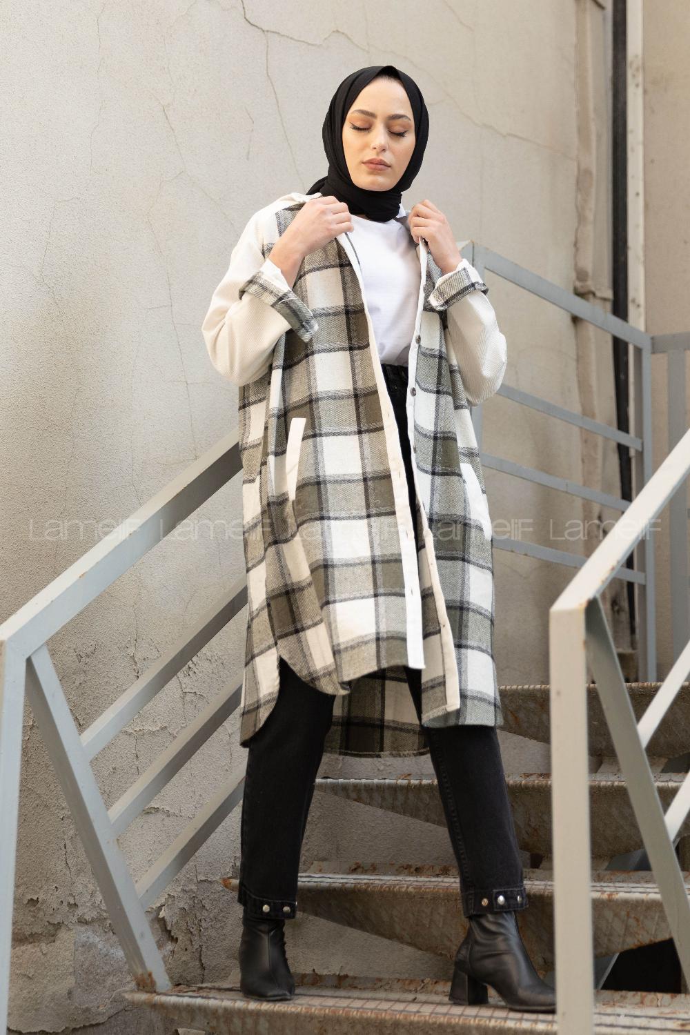 Modalamelif Ekose Garnili Kadife Gömlek Haki