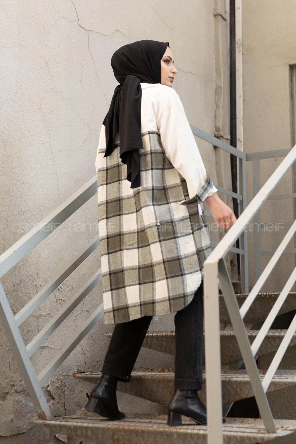 Modalamelif Ekose Garnili Kadife Gömlek Haki