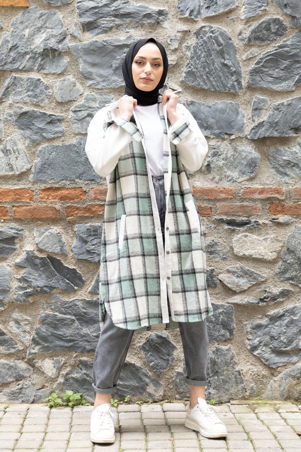 Modalamelif Ekose Garnili Kadife Gömlek Pastel Yeşili