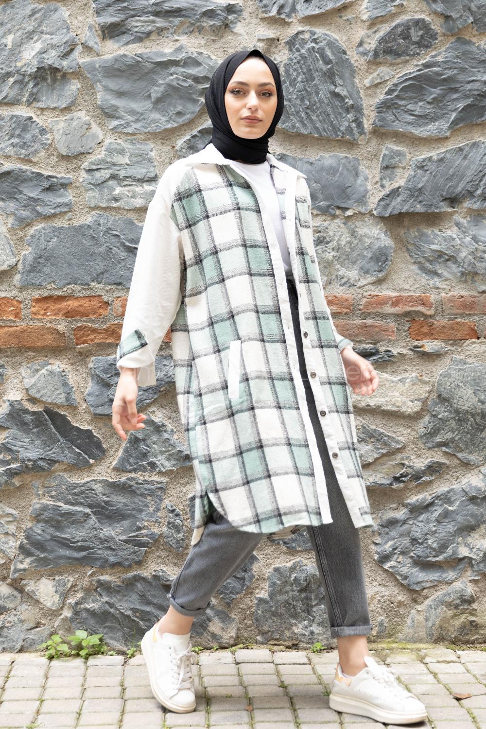 Modalamelif Ekose Garnili Kadife Gömlek Pastel Yeşili