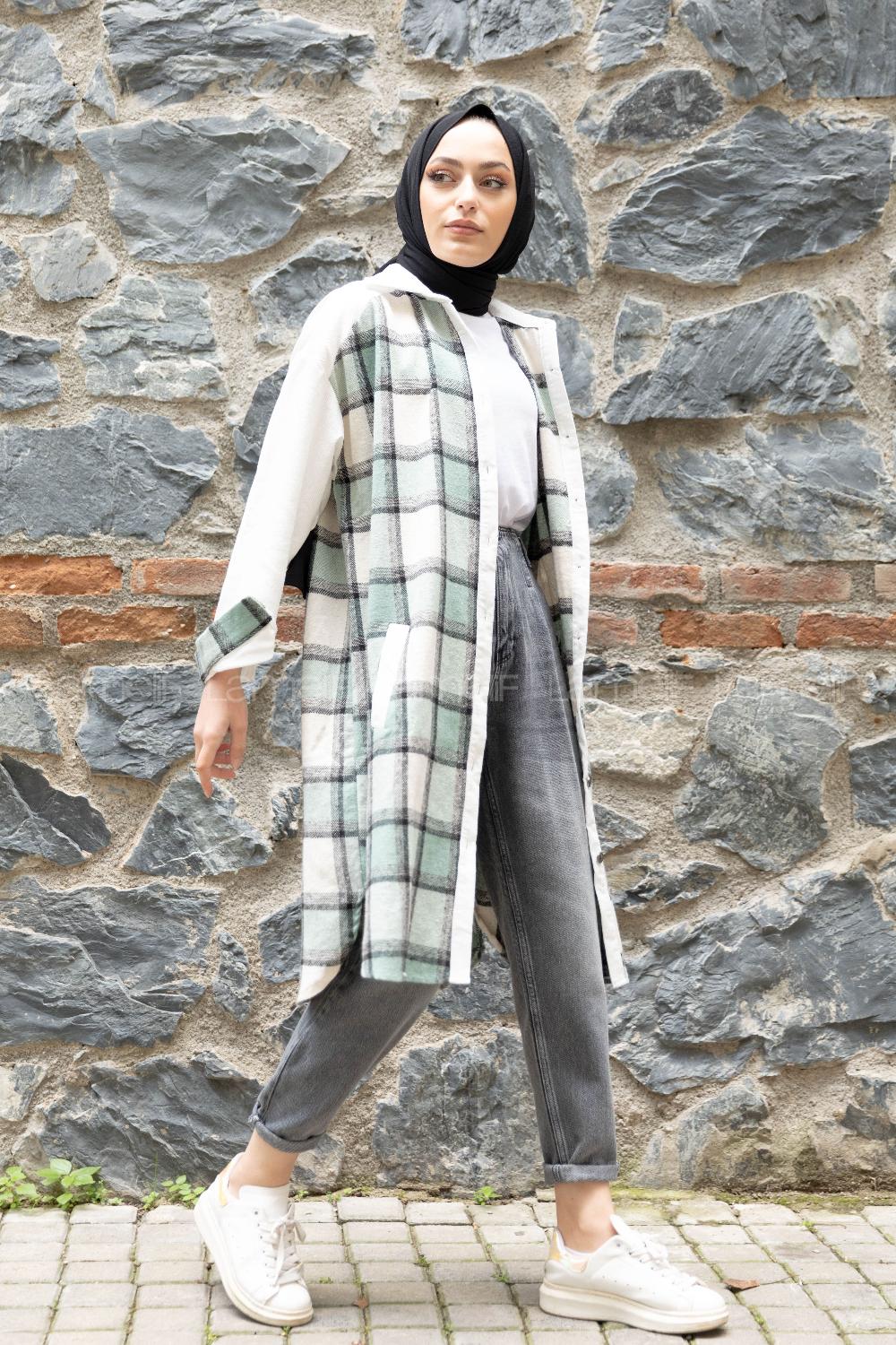 Modalamelif Ekose Garnili Kadife Gömlek Pastel Yeşili