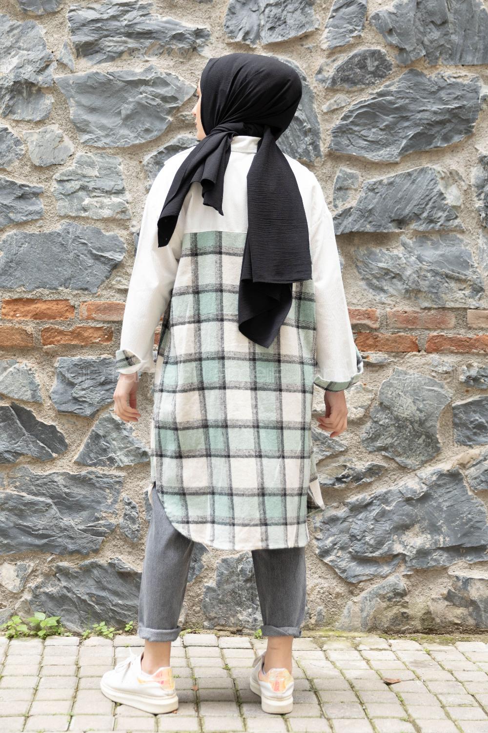 Modalamelif Ekose Garnili Kadife Gömlek Pastel Yeşili