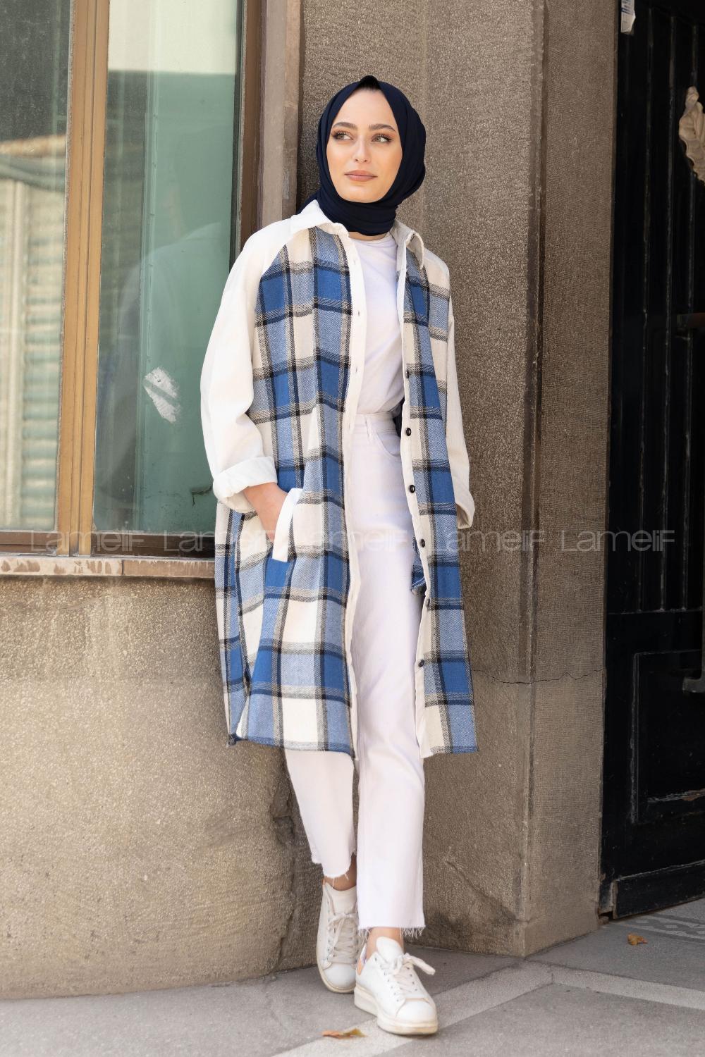 Modalamelif Ekose Garnili Kadife Gömlek Saks Mavisi