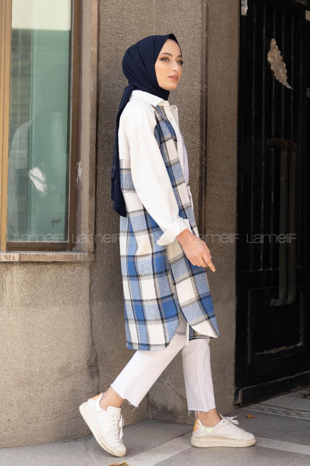 Modalamelif Ekose Garnili Kadife Gömlek Saks Mavisi