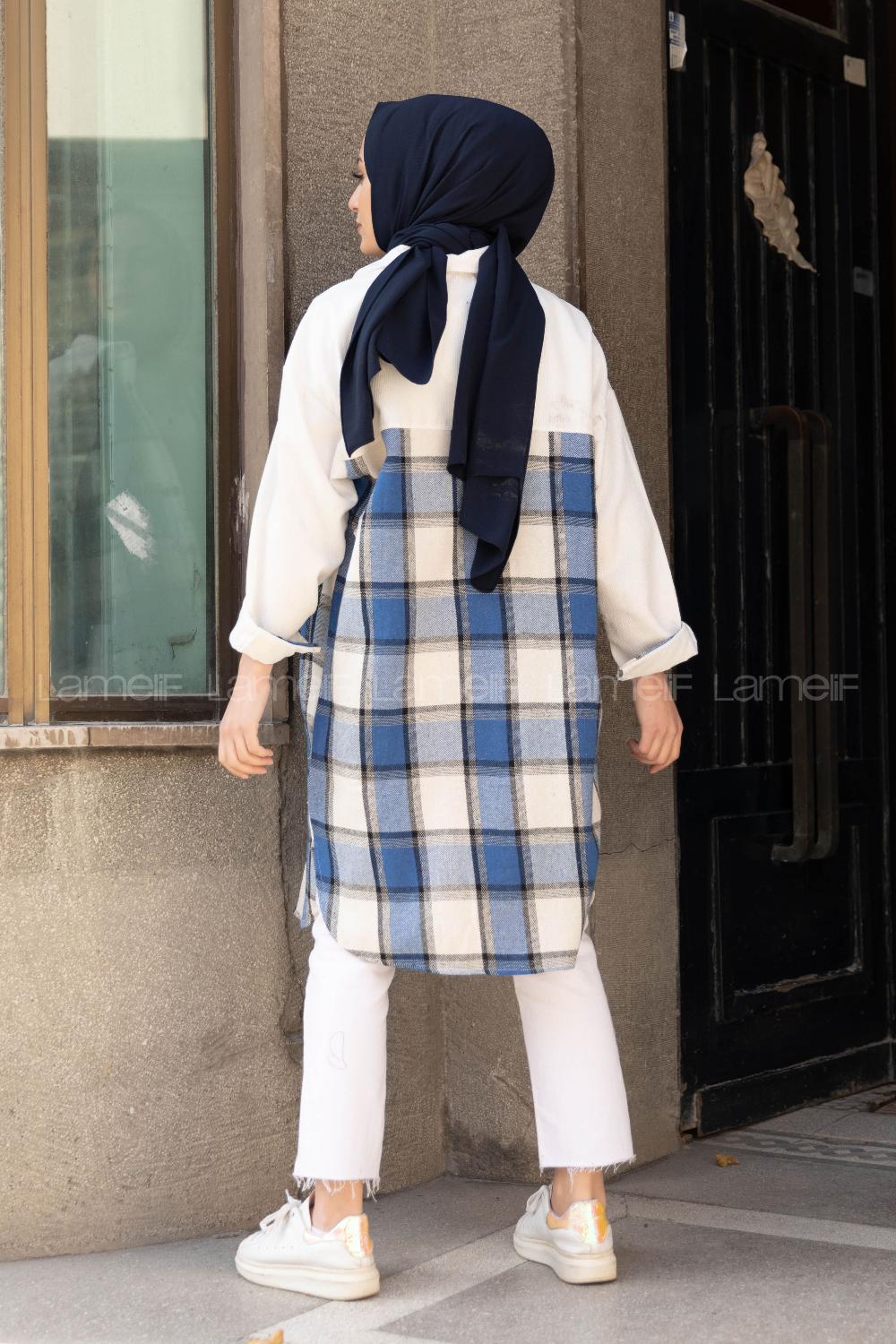 Modalamelif Ekose Garnili Kadife Gömlek Saks Mavisi