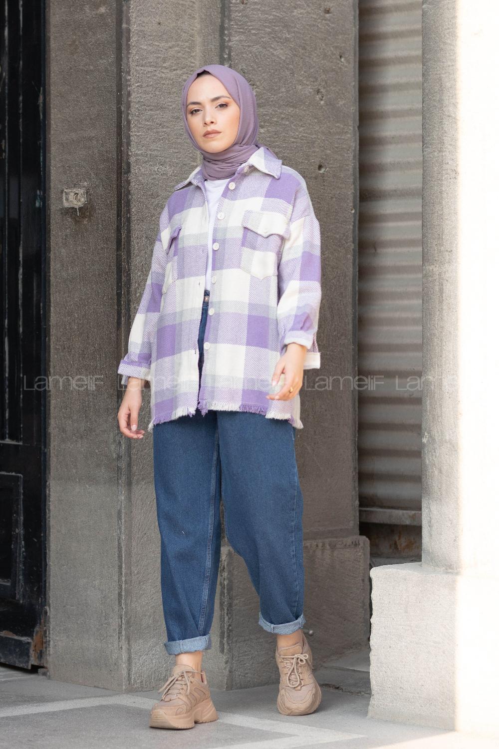 Modalamelif Etek Ucu Püsküllü Ekose Gömlek Lila