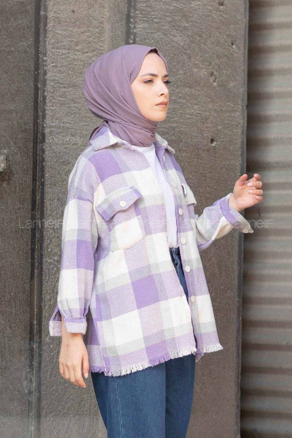 Modalamelif Etek Ucu Püsküllü Ekose Gömlek Lila