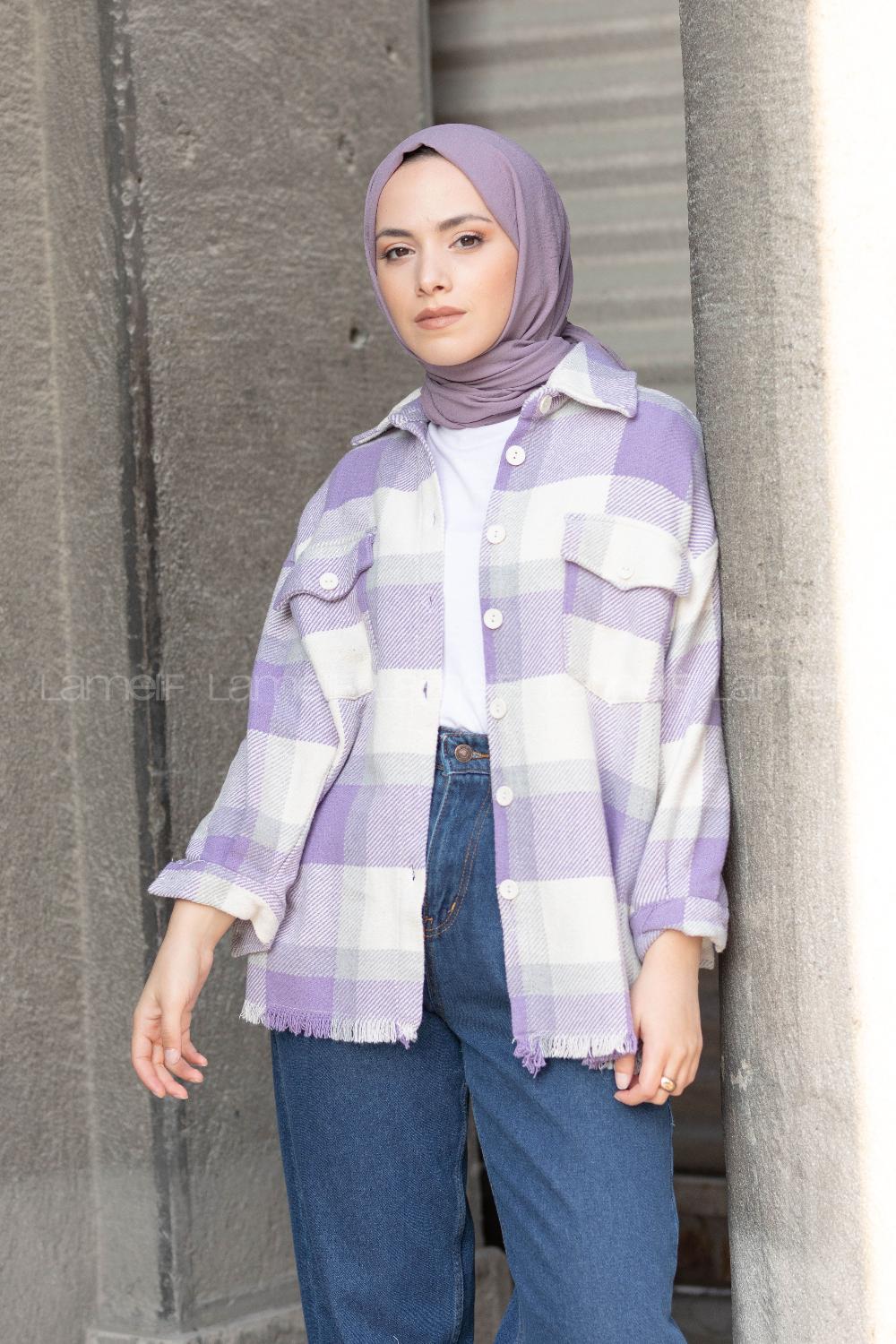 Modalamelif Etek Ucu Püsküllü Ekose Gömlek Lila