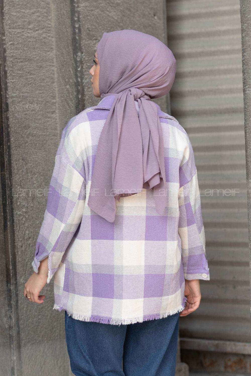 Modalamelif Etek Ucu Püsküllü Ekose Gömlek Lila